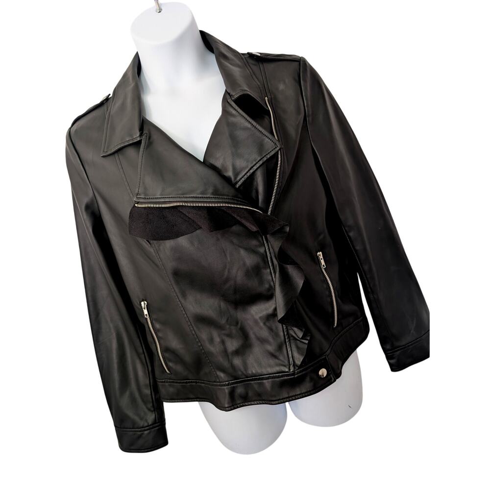 JUSTFABULOUS! RICH BLACK VEGAN LEATHER RUFFLE FRONT BIKER STYLE JACKET! SZ XXL